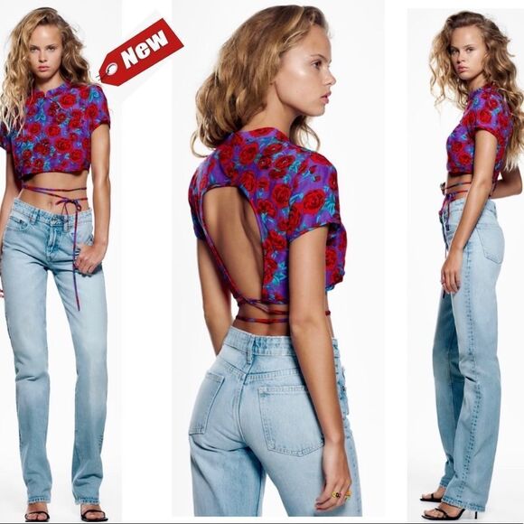 Zara round neck floral rose crop top short sleeve Sz S purple red blue NWT - Picture 1 of 10